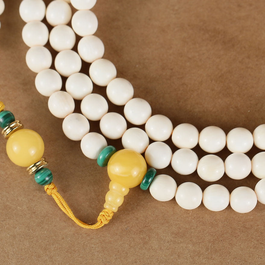 五台山赐福加持 猛犸象牙108颗佛珠念珠 佛宝蜜蜡配饰