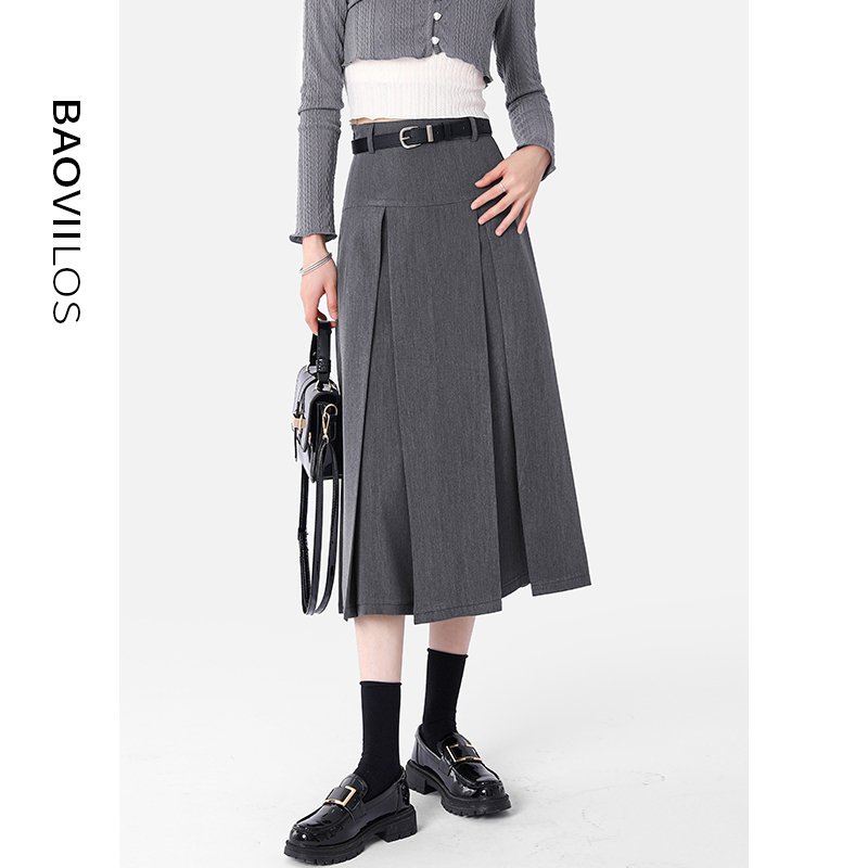 学院风灰色半身裙女2023春夏季新款高腰百搭a字中长款百褶裙伞裙