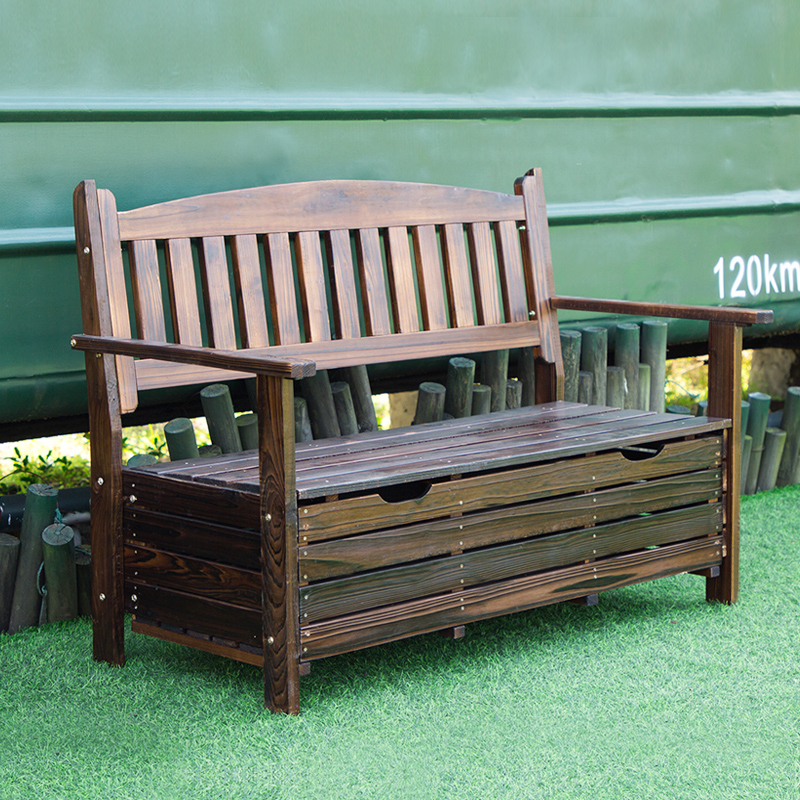 室外防腐实木长椅户外庭院休闲储物座椅公园阳台碳化木靠背单椅子