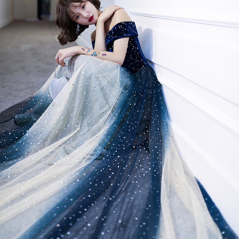 晚礼服裙女2020新款宴会主持人星空渐变色气质长款女大合唱演出服
