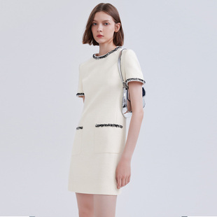 现货朗姿2023新款白色小香风连衣裙女圆领短袖气质修身显瘦短裙子