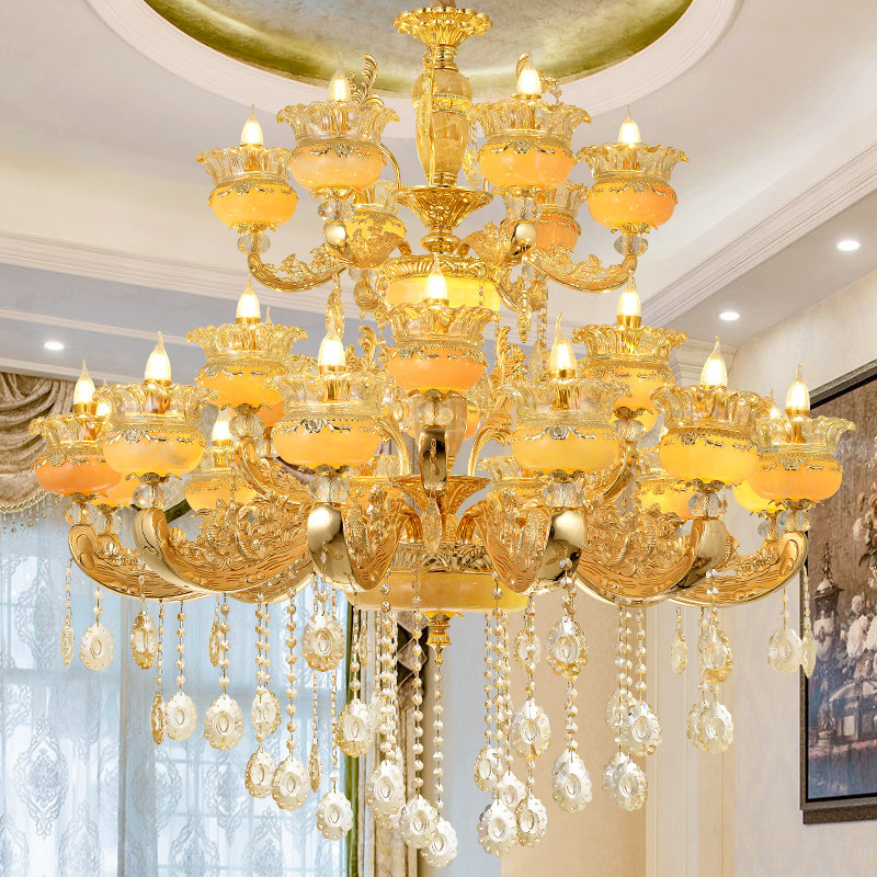 欧式跃层别墅大吊灯天然玉石复式楼中楼中空大厅酒店客厅水晶灯具