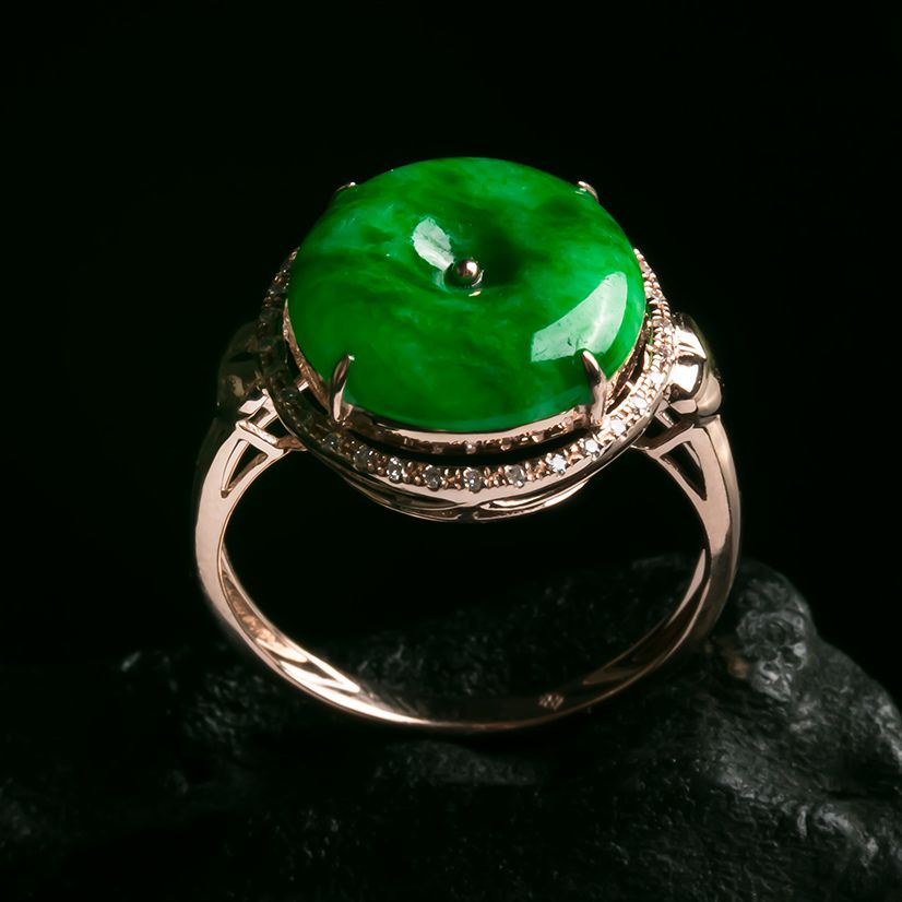 缅甸天然翡翠a货18k玫瑰金伴南非钻镶嵌平安扣戒指 2.78g含金重量