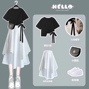 夏季女新款盐系套装学生韩版宽松设计感短袖T恤超仙半身裙两件套