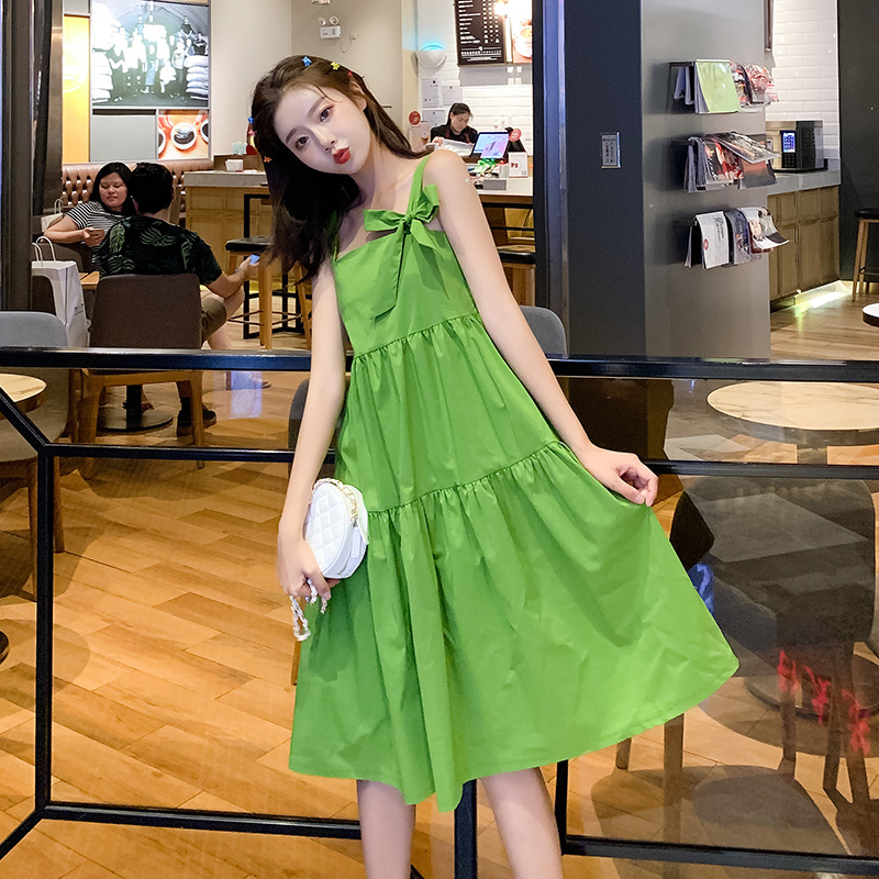 小清新苹果绿连衣裙2019夏季新款很仙的法国小众桔梗裙绿色裙子女