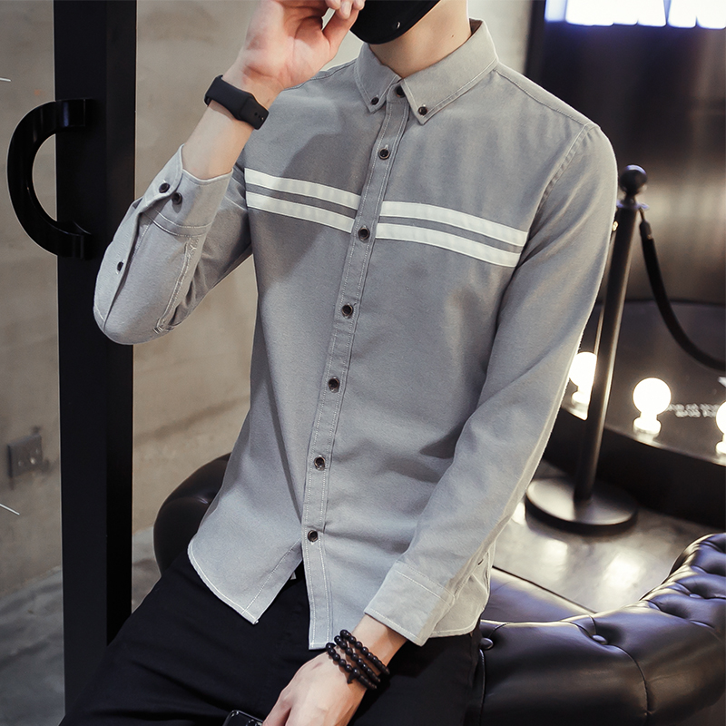 男士長袖加絨白襯衫秋鼕季男裝學生青少年襯衣修身韓版保暖寸衫潮