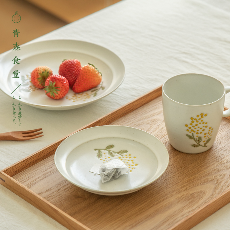 〈青森食堂〉日本制BZJS手绘金合欢粗陶陶瓷马克杯小碟圆盘茶壶