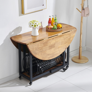 纯实木大圆饭桌可折叠收纳橡胶木简约现代大圆桌子餐桌椅组合酒店