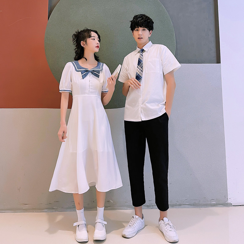 主恋法式情侣装夏季情侣版ins超火网红高级感校服连衣裙男衬衫——主