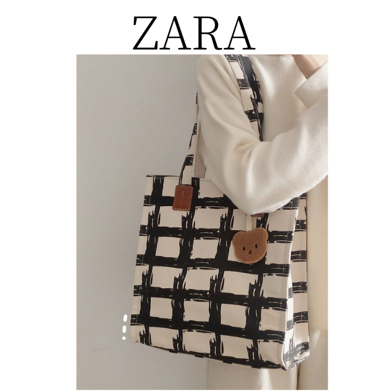 zara女包2022春夏新款黑白格纹厚实帆布大容量单肩时尚休闲托特包