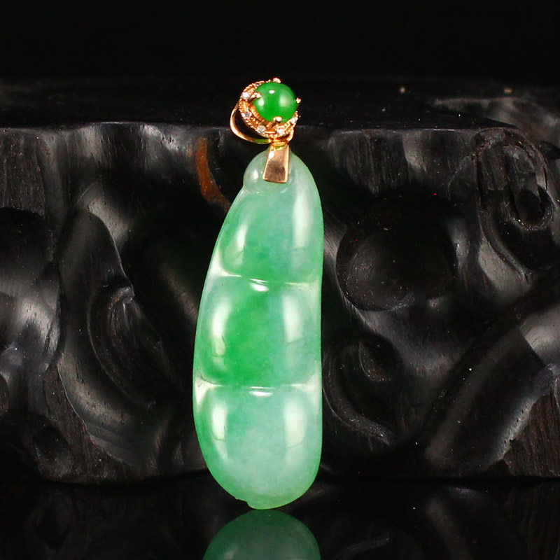 天然玉石18k金镶翡翠a货四季豆吊坠女生颈饰挂件送证书包邮