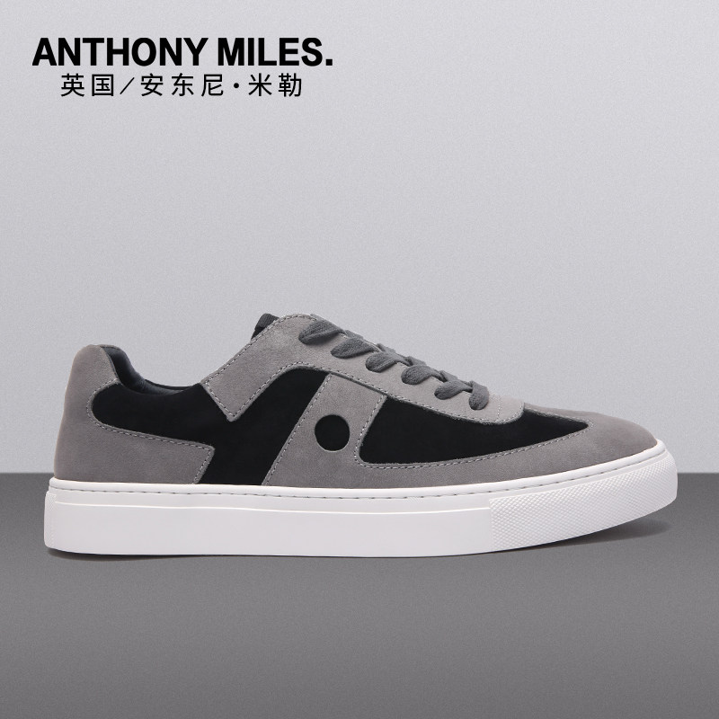 anthony miles安东尼米勒平板鞋头层牛皮圆头拼色灰色牛皮板鞋
