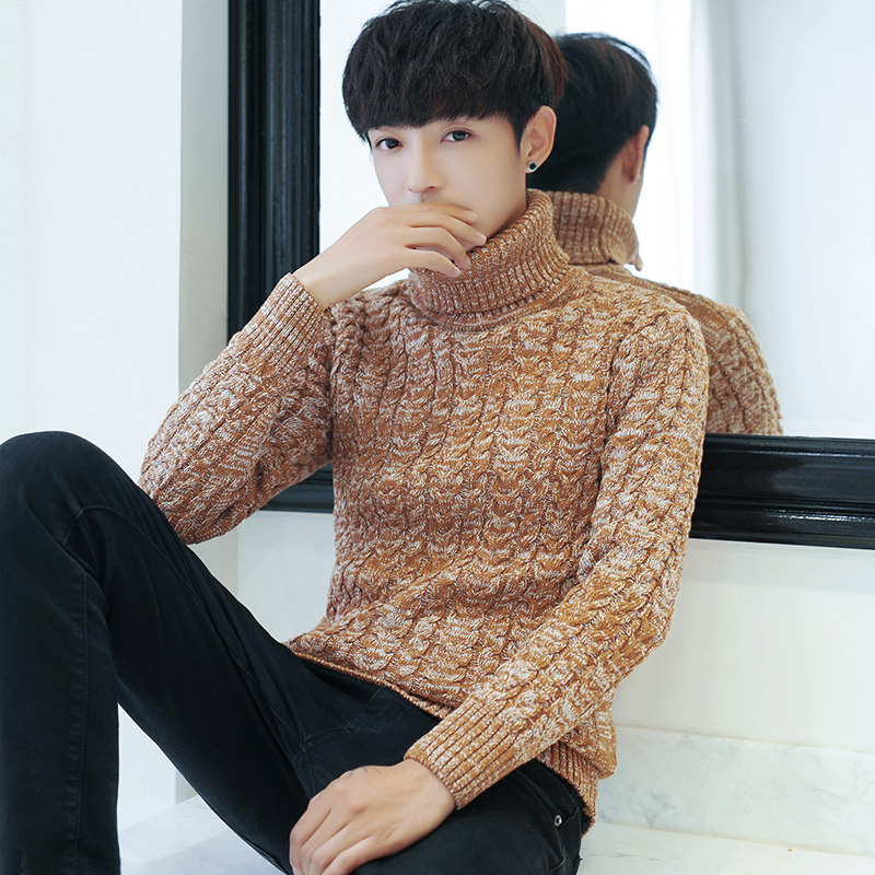 高領毛衣男鼕季韓版修身打底衫加厚學生潮流個性男士針織衫毛線衣