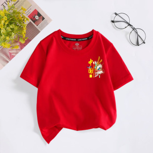 儿童红色t恤中国风亲子装短袖男童女童上衣六一爱国演出学生班服