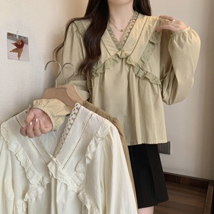 【微胖女生穿搭】大码秋装新款法式小众波纹丝缎温柔蕾丝衬衫上衣
