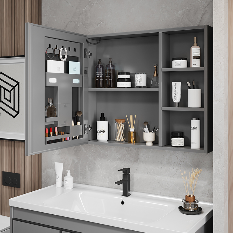 太空铝加厚防水浴室镜柜智能美妆收纳架卫生间单独挂墙式梳妆镜子
