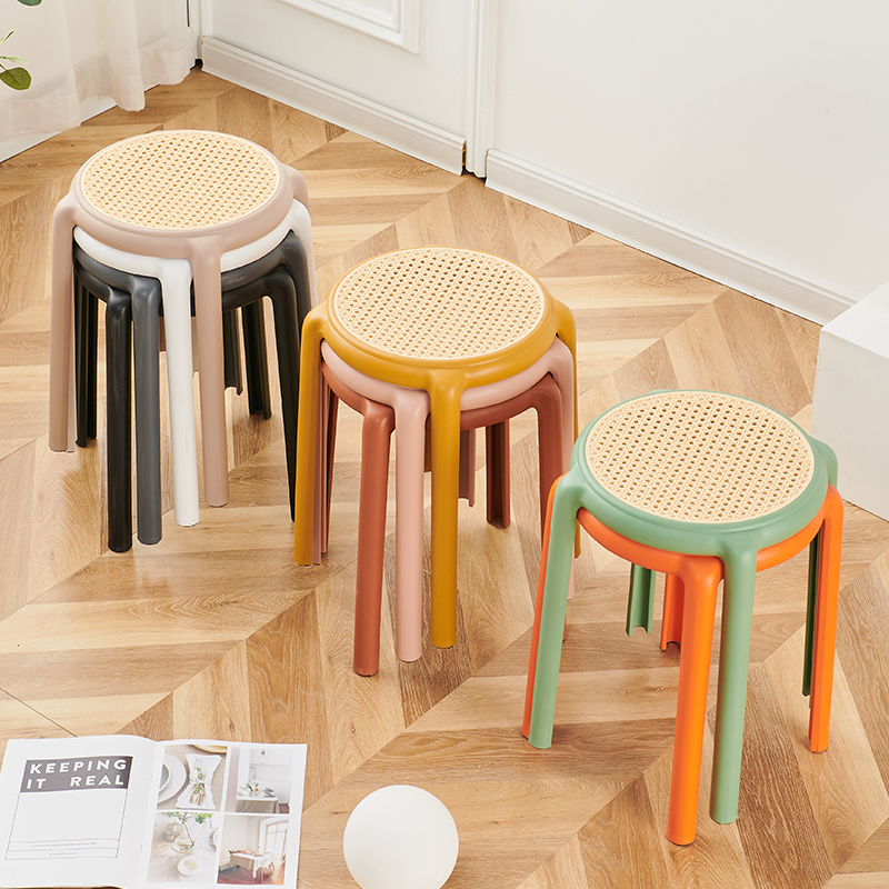 塑料凳子加厚家用餐桌高板凳北欧简约椅子客厅可叠放熟胶藤编登子