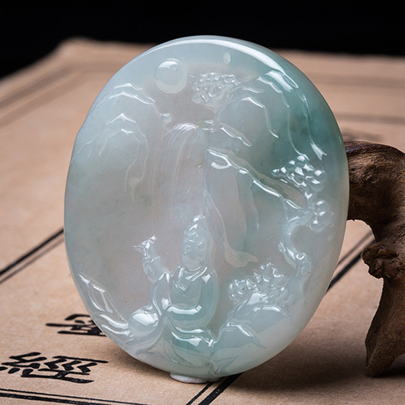 [源头好货-四会] 冰糯种天然翡翠a货飘绿山水观音吊坠34.76g