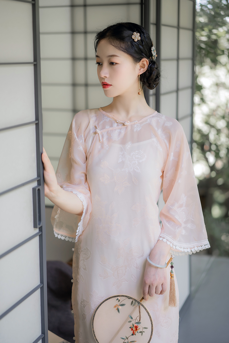 晓公子|微夏|夏季新款复古宽松雪纺无领旗袍连衣裙全开襟qp133