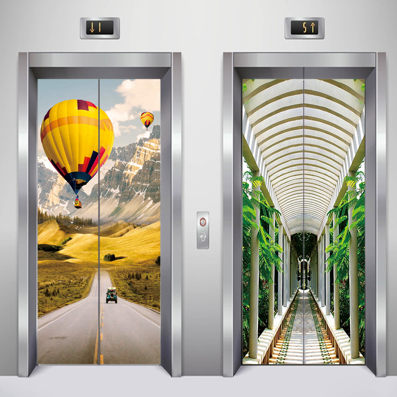 现代简约街景公路风景电梯装饰贴纸整张自粘防水酒店商场电梯贴画