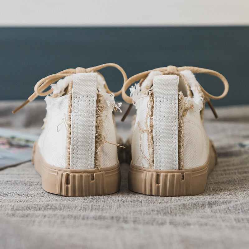 破洞帆布鞋女复古港味低帮ulzzang街拍2019春季百搭学生做旧布鞋