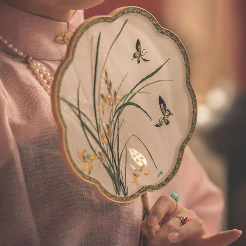 扇子古风流苏绣花湘妃竹手工苏绣古代汉服圆扇宫廷扇双面刺绣团扇