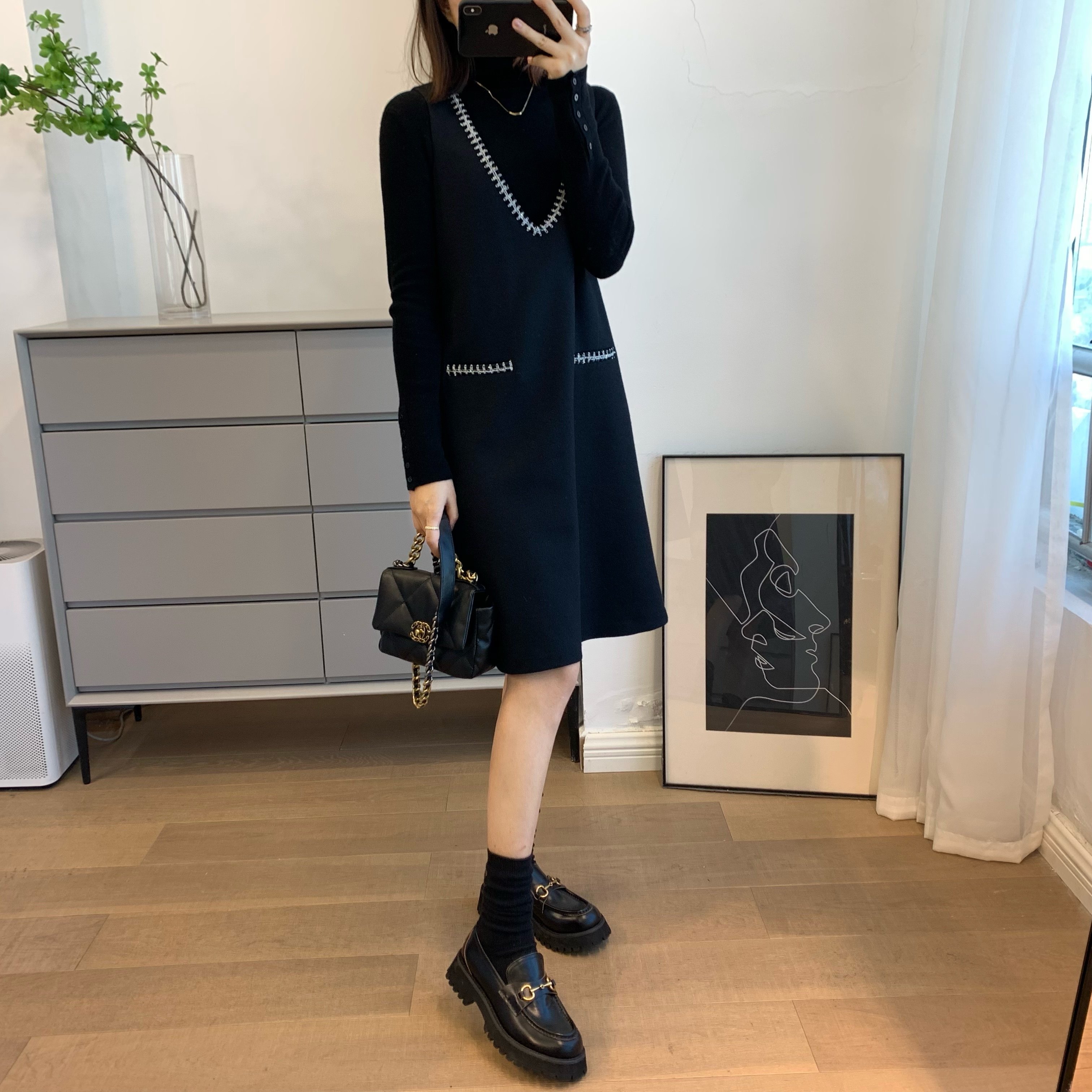 冬季优雅叠穿 气质小香风显瘦v领羊毛呢子背心连衣裙女秋冬内搭