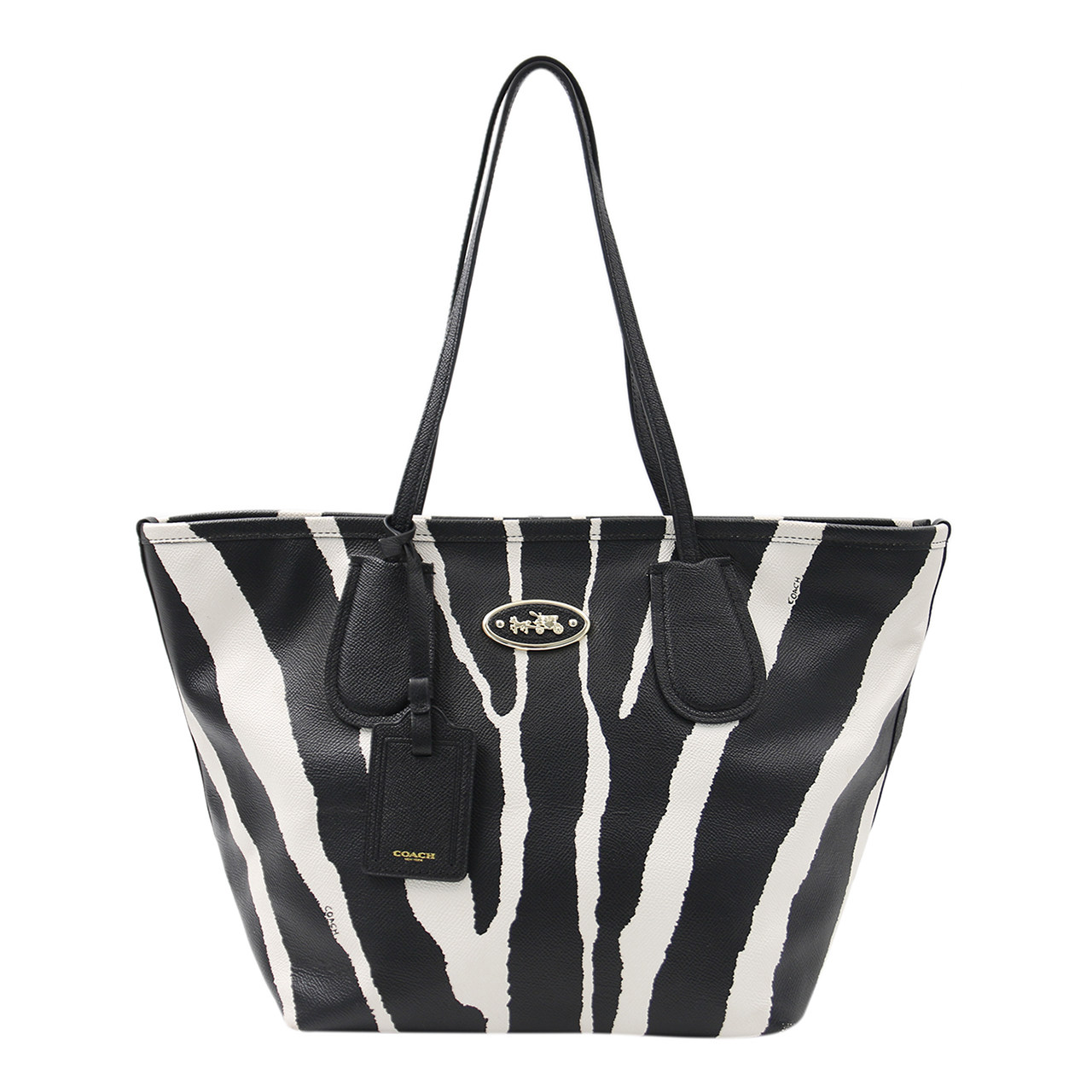 [9.0新]蔻驰coach女士手提包黑白条纹牛皮手提包可肩背