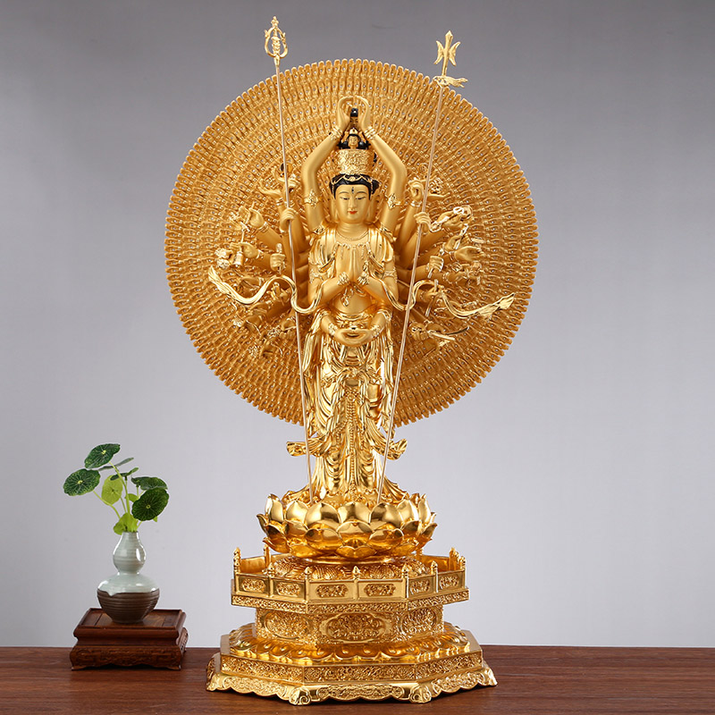 台湾千手观音佛像 纯铜贴金千手千眼观世音菩萨 居家供奉供佛摆件