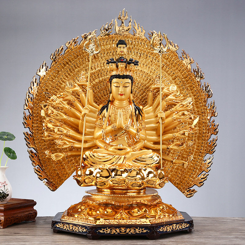 鎏金铜雕千手观音佛像家用供属鼠本命佛纯铜千手观音菩萨摆件