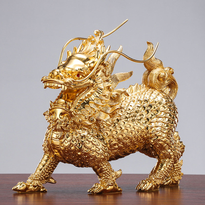贴金麒麟摆件 招财铜麒麟摆件一对 店铺办公室风水装饰礼品工艺品