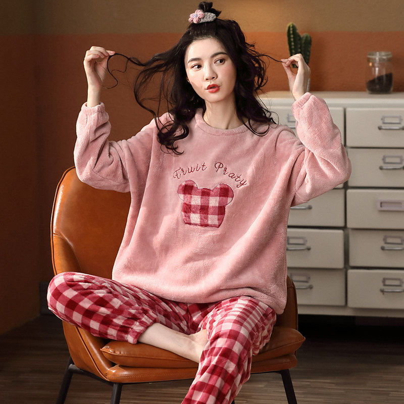 睡衣女秋冬款珊瑚绒加厚加绒套头秋冬季法兰绒甜美可爱家居服套装