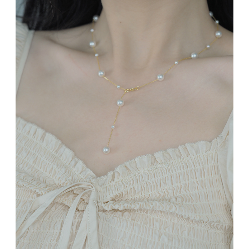 hzyeyuan手作二十一颗满天星珍珠项链气质优雅流苏锁骨颈链00556