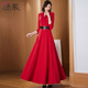 红色长袖连衣裙长款2024春秋新款时尚西装领显高显瘦遮肉大摆长裙
