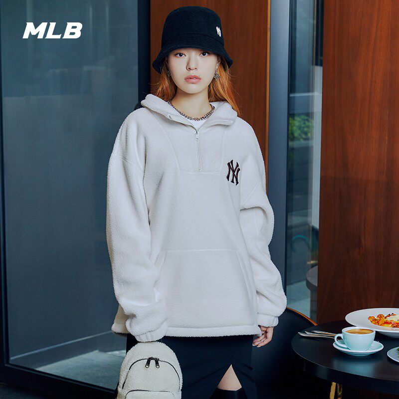 mlb官网正品卫衣女2022夏季新款白色羊羔绒拉链领棉服运动套头衫
