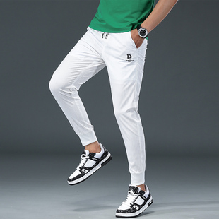 欧洲站白色条纹运动裤男士夏季薄款透气卫裤潮牌修身束脚休闲长裤