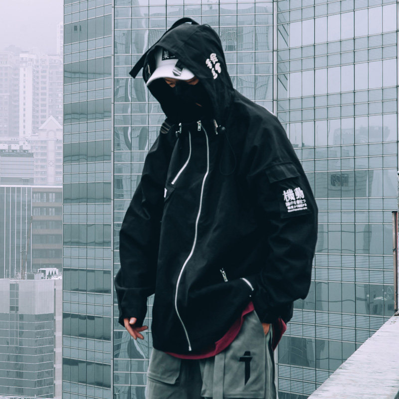 吉业重工赛博朋克机能风飞行夹克男宽松连帽休闲复古工装外套