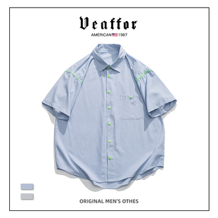 Veaffor美式潮牌设计感撞色短袖衬衫男夏季炸街痞帅宽松小众衬衣