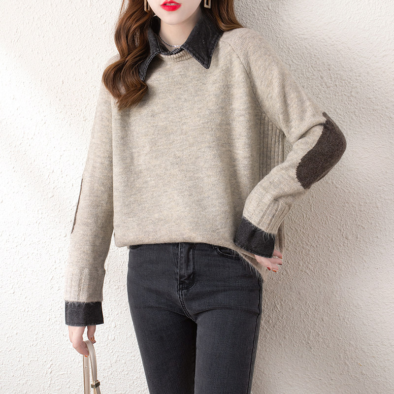 牛仔领拼接假两件毛衣女2021秋季新款韩版洋气插肩袖慵懒风女上衣