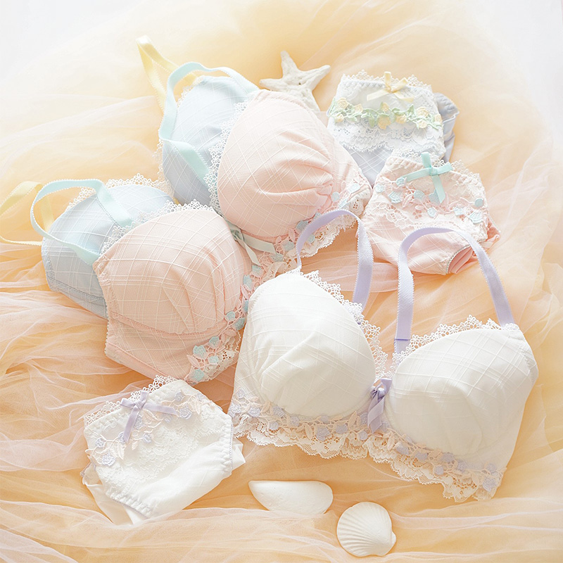 甜美_包邮日本日式甜美清新格子精灵仙女聚拢蕾丝文胸套装少女内衣