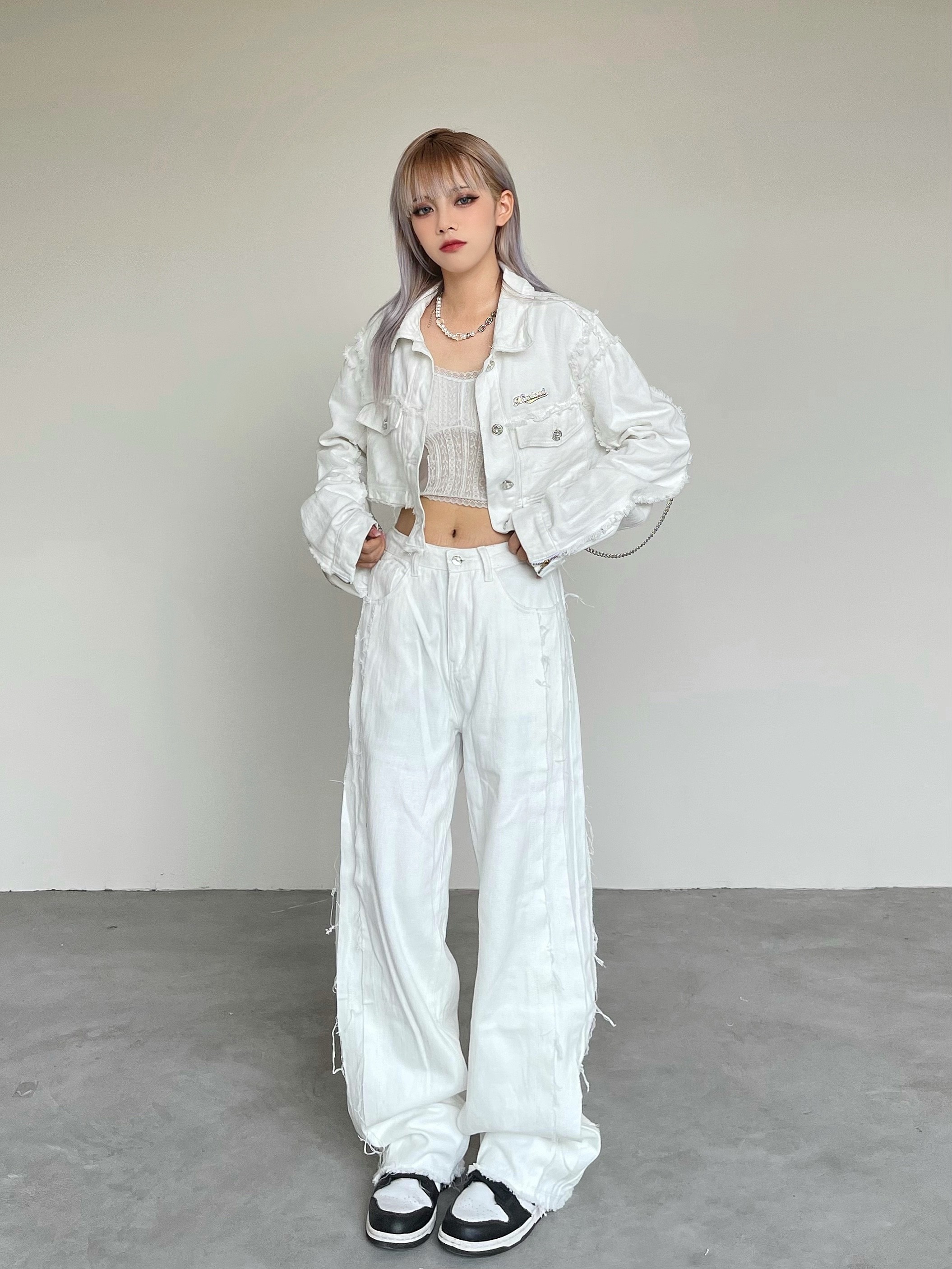 x不是好人辣妹风短款毛边牛仔外套套装宽松显瘦甜酷街头牛仔裤潮