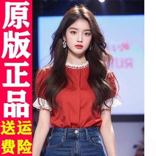 Y#韩系chic别致漂亮短袖红色衬衫夏季盐系穿搭小上衣