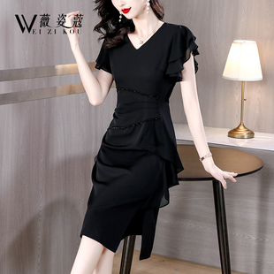 黑色连衣裙女夏季2024年新款高级感气质名媛高端精致修身显瘦裙子