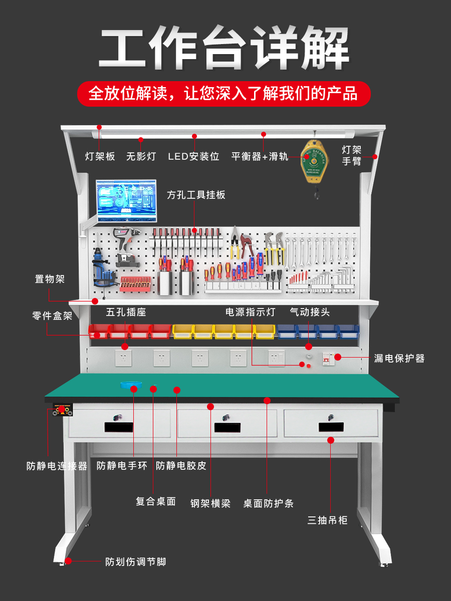 言值防静电工作台三抽工作桌流水线操作台维修重型防静电工作台