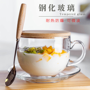 甜品碗钢化玻璃牛奶杯可微波燕麦片早餐杯带盖勺酸奶杯带把水杯子