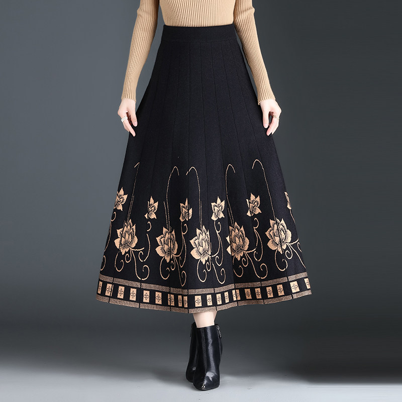 针织百褶裙女中长款秋冬款毛线提花半身裙高腰显瘦a字大摆裙长裙