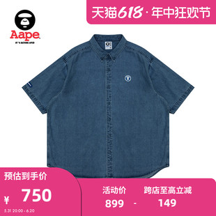 Aape旗舰店男装春夏猿颜徽章水洗牛仔休闲简约短袖衬衫8477XXM