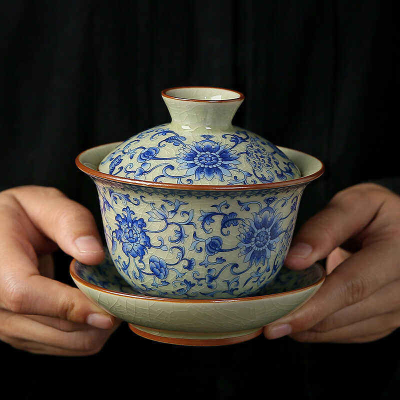 青花汝窑盖碗三才泡茶碗手工家用陶瓷敬茶碗开片可养高档功夫茶具