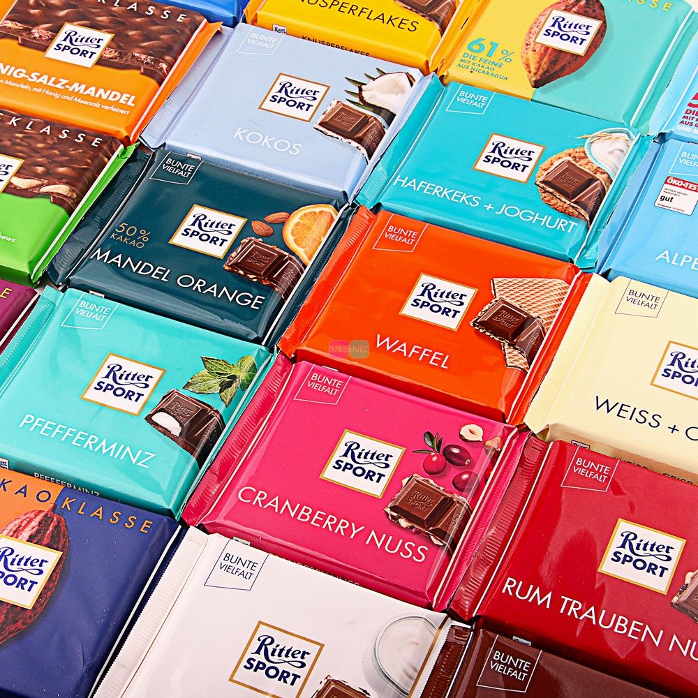 原装进口德国ritter sport巧克力块华夫腰果椰丝薄荷黑巧夹心排块