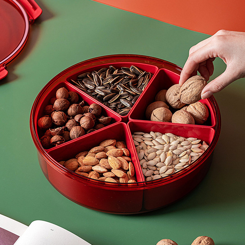 果盘结婚红色家用客厅茶几创意带盖干果坚果糖果零食瓜子盒分格款